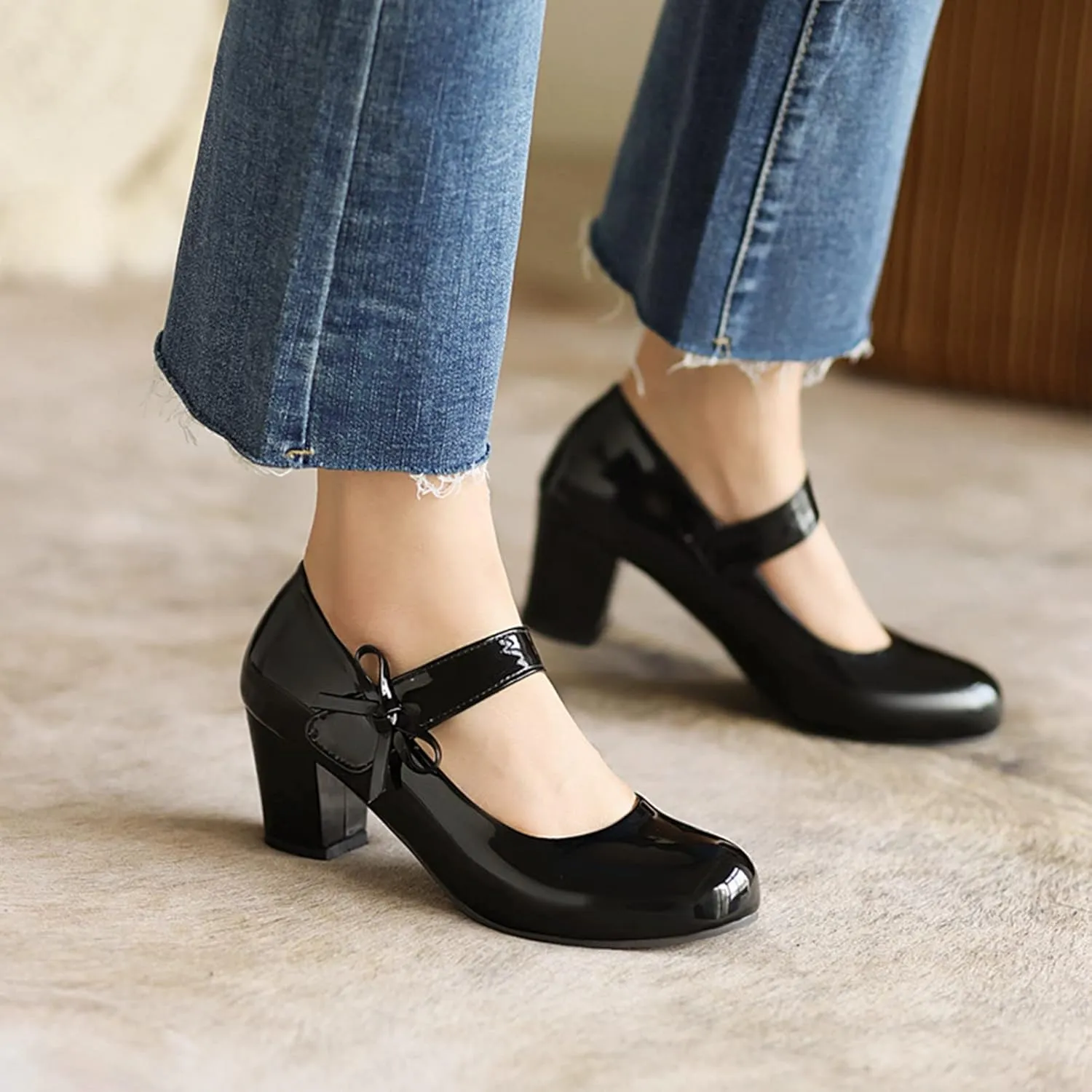 Women Round Toe Mary Jane Pumps Chunky Block Heel Bow Hook Loop Comfy Wedding Evening Dress Shoes