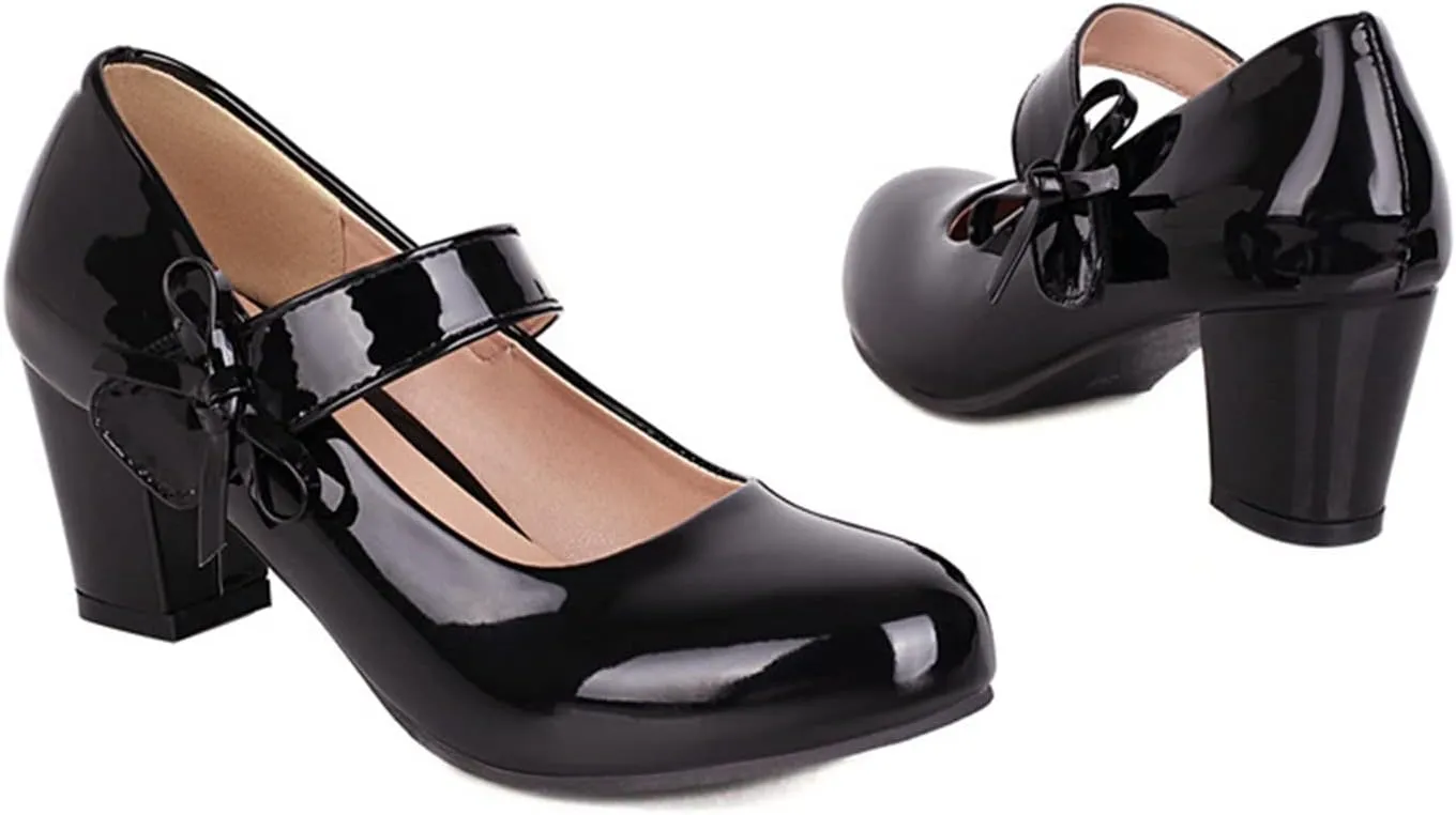 Women Round Toe Mary Jane Pumps Chunky Block Heel Bow Hook Loop Comfy Wedding Evening Dress Shoes