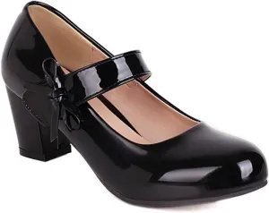 Women Round Toe Mary Jane Pumps Chunky Block Heel Bow Hook Loop Comfy Wedding Evening Dress Shoes