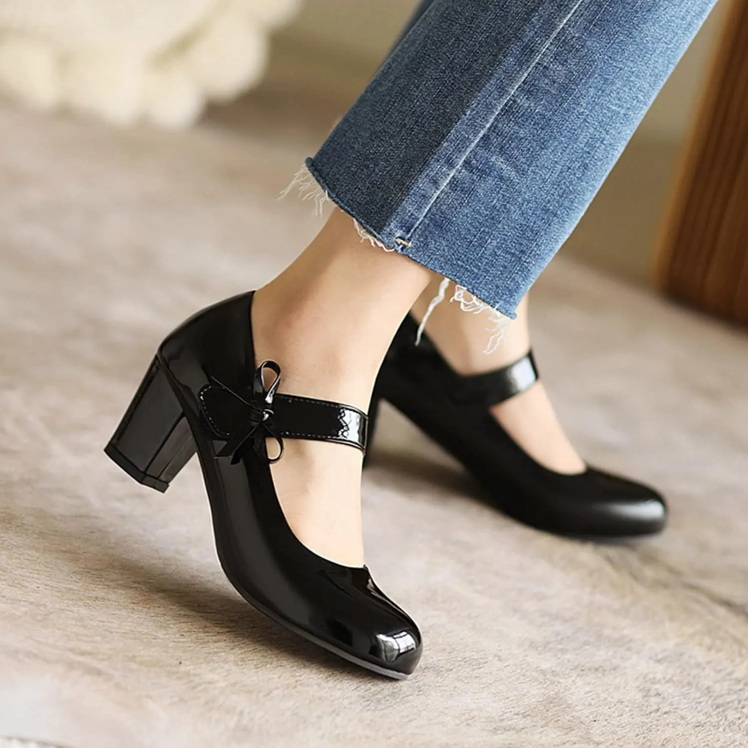 Women Round Toe Mary Jane Pumps Chunky Block Heel Bow Hook Loop Comfy Wedding Evening Dress Shoes
