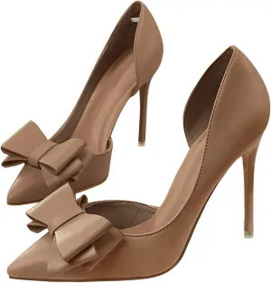 Womens Bow Heels Closed Pointed Toe Dress Shoes Stiletto Slip on Wedding Pumps