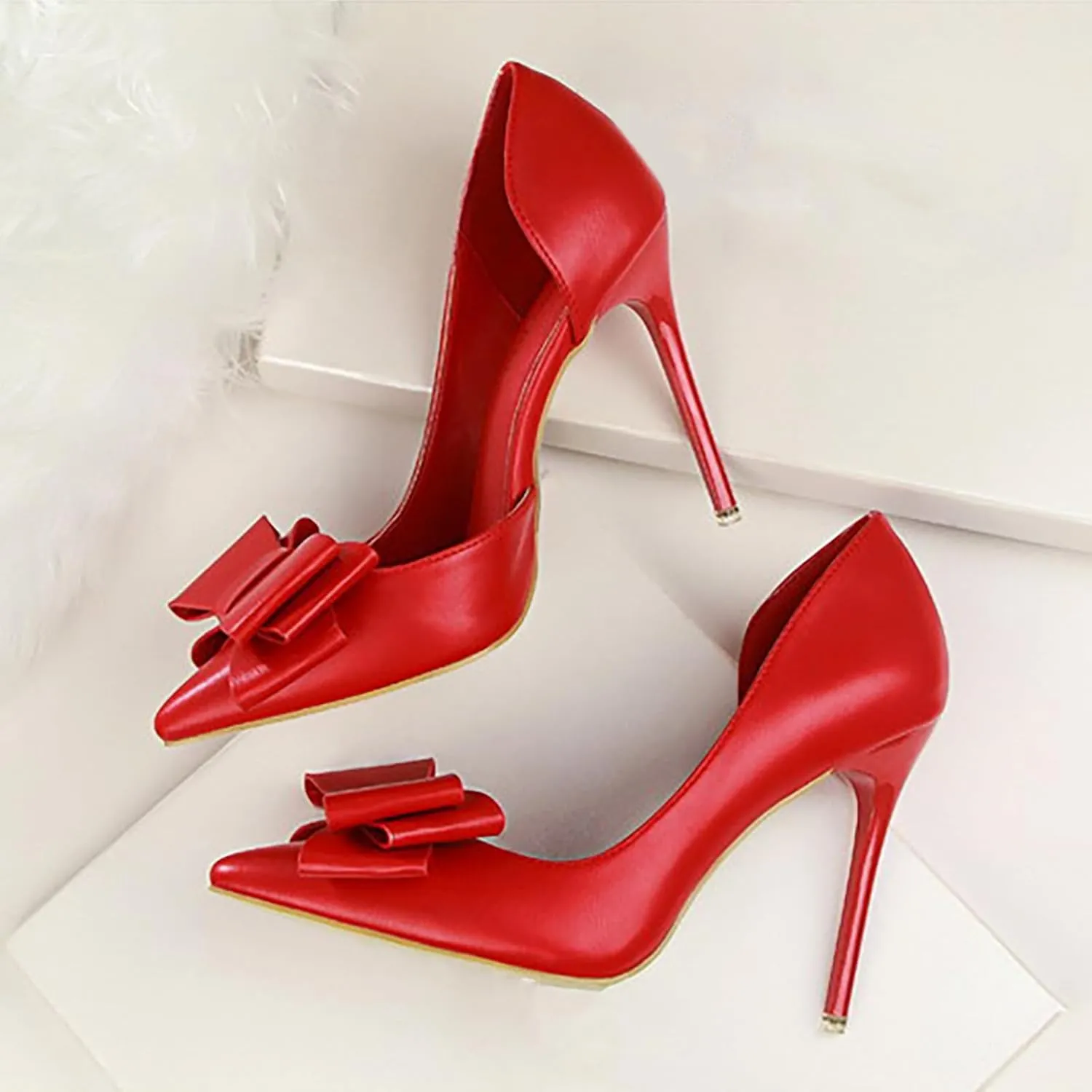 Womens Bow Heels Stiletto D'Orsay Double Bow Pumps Pointed Toe Women Dress Shoes Slip on Wedding Shoes for Bride Bridesmaid