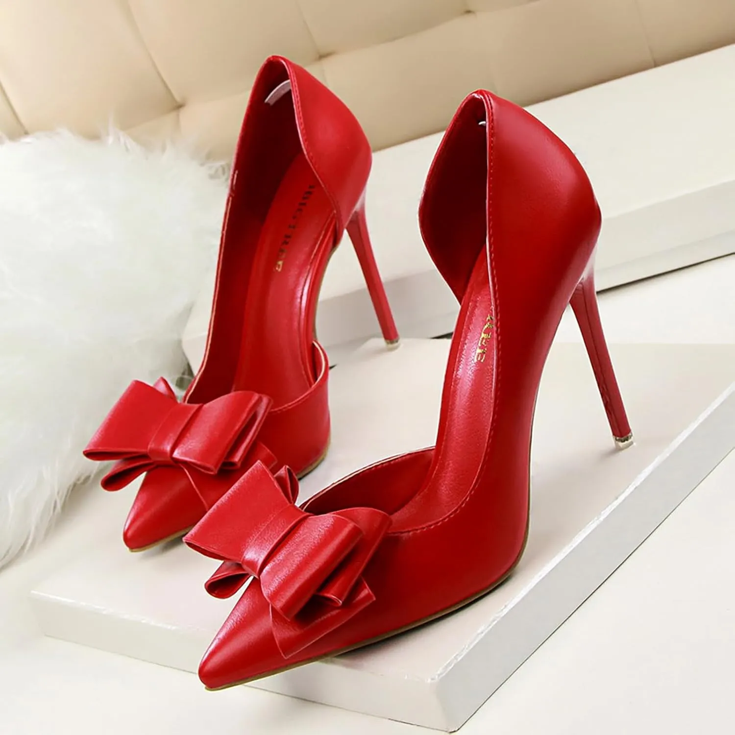 Womens Bow Heels Stiletto D'Orsay Double Bow Pumps Pointed Toe Women Dress Shoes Slip on Wedding Shoes for Bride Bridesmaid