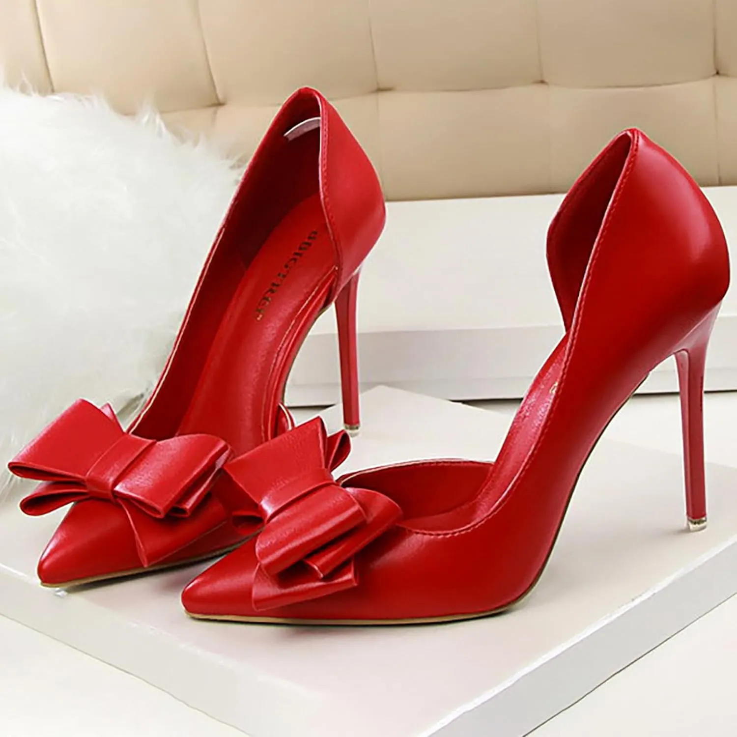 Womens Bow Heels Stiletto D'Orsay Double Bow Pumps Pointed Toe Women Dress Shoes Slip on Wedding Shoes for Bride Bridesmaid