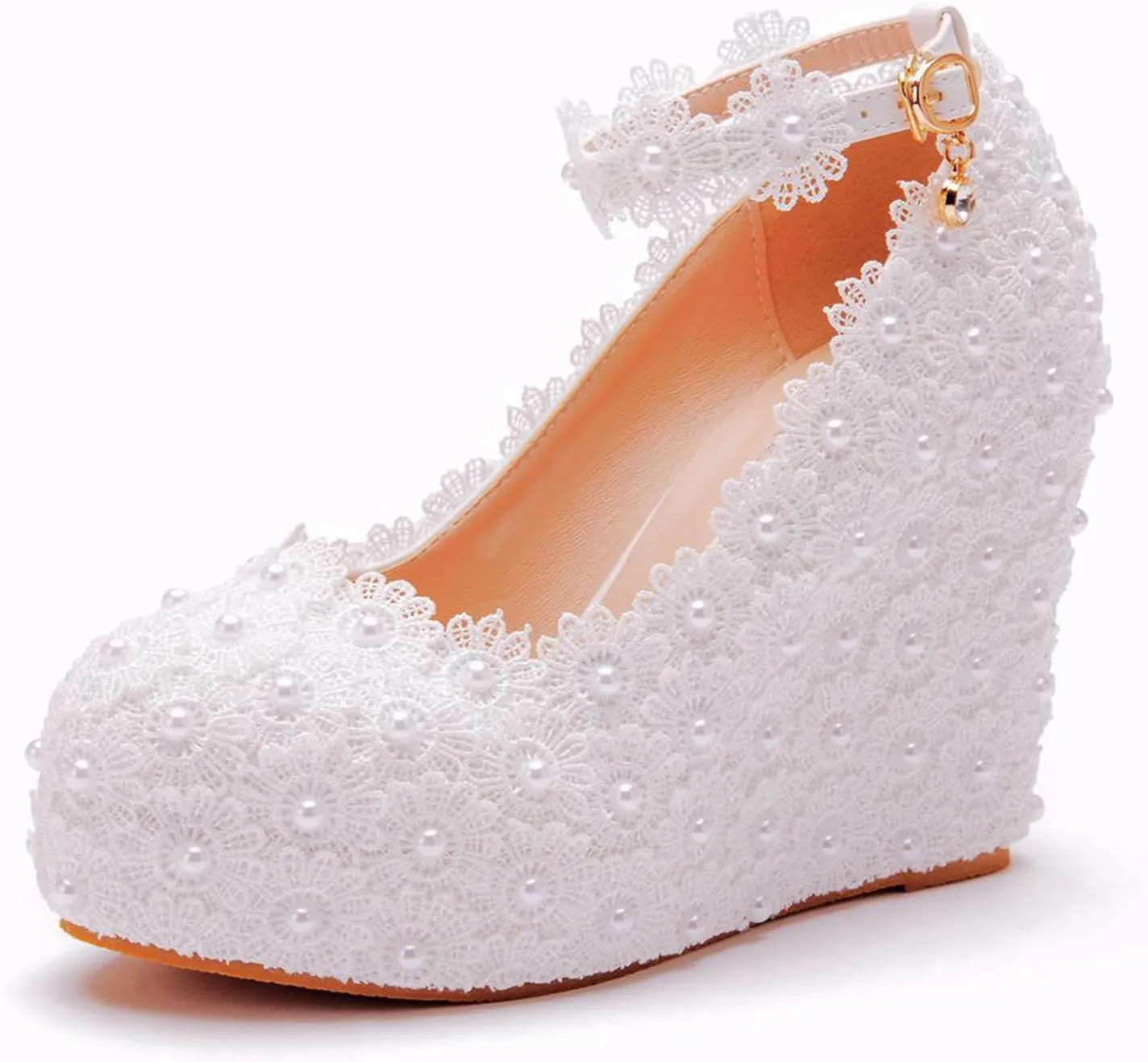 Women's Bridal Shoes, 11 Cm White Wedding Dress Pumps Lace Flowers Platform Wedge Heel Shallow Mouth Ankle Buckle Round Toe Single Shoes, 35 EU,White