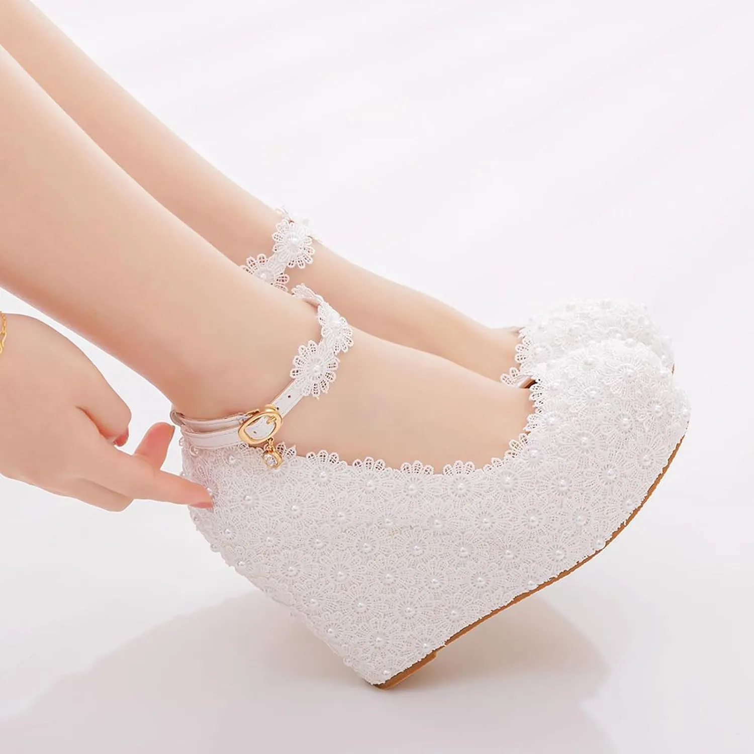 Women's Bridal Shoes, 11 Cm White Wedding Dress Pumps Lace Flowers Platform Wedge Heel Shallow Mouth Ankle Buckle Round Toe Single Shoes, 35 EU,White