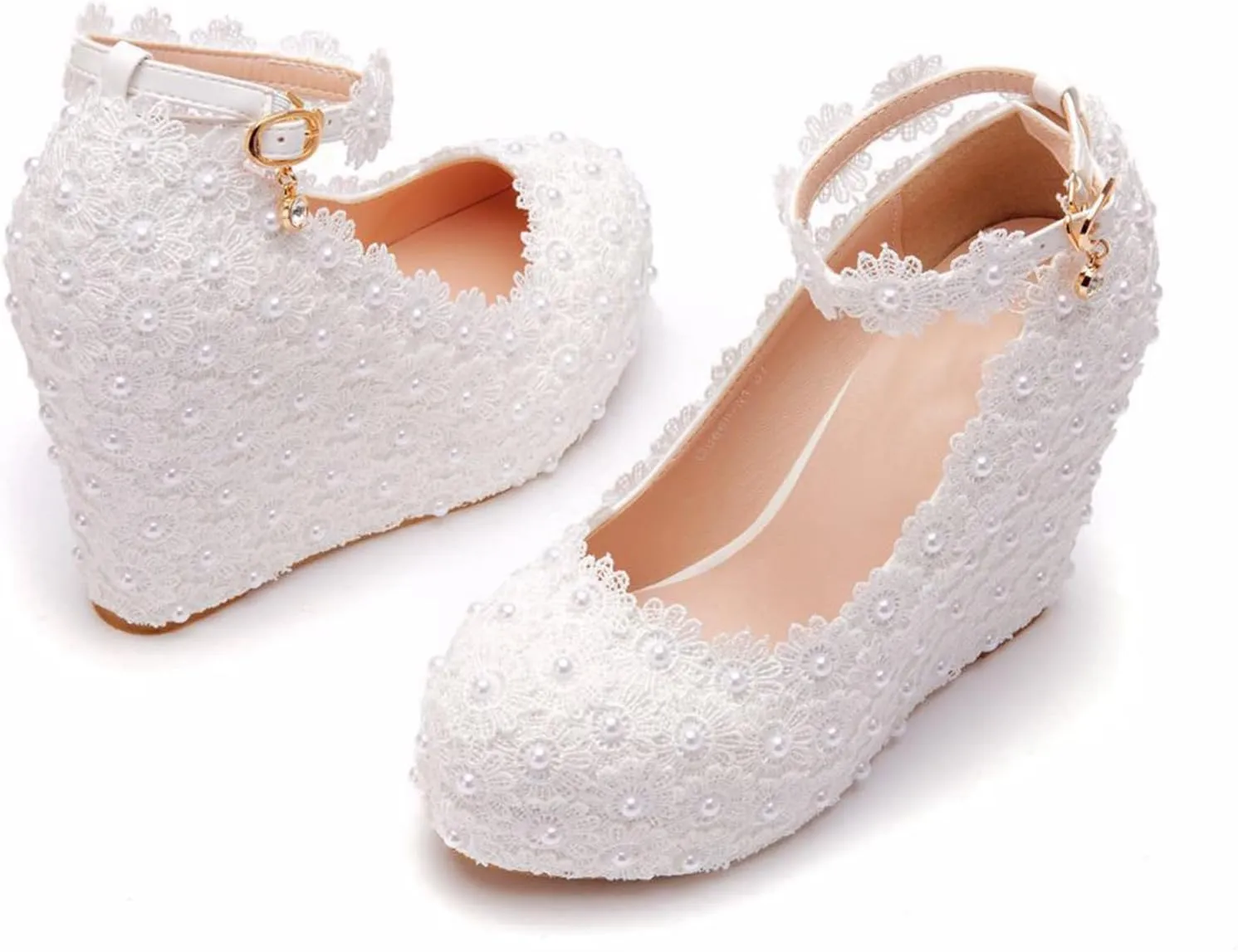 Women's Bridal Shoes, 11 Cm White Wedding Dress Pumps Lace Flowers Platform Wedge Heel Shallow Mouth Ankle Buckle Round Toe Single Shoes, 35 EU,White