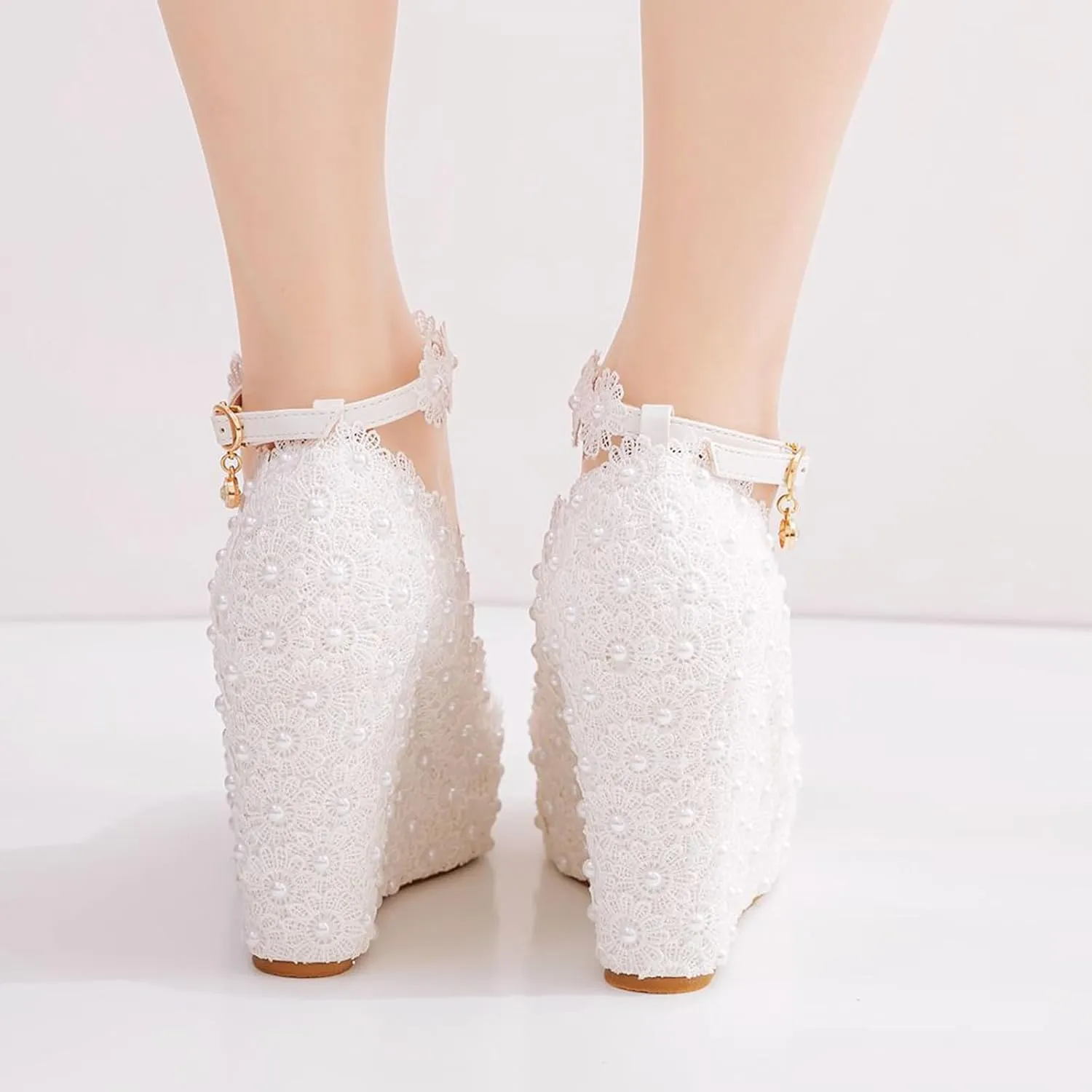 Women's Bridal Shoes, 11 Cm White Wedding Dress Pumps Lace Flowers Platform Wedge Heel Shallow Mouth Ankle Buckle Round Toe Single Shoes, 35 EU,White