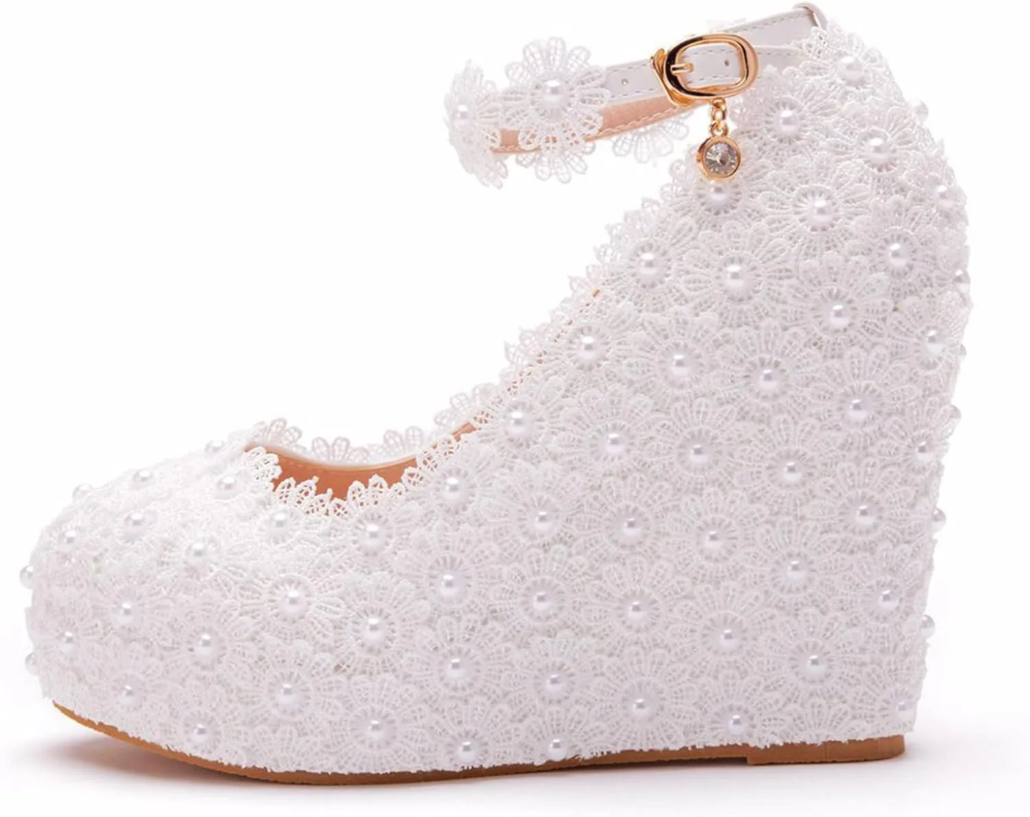 Women's Bridal Shoes, 11 Cm White Wedding Dress Pumps Lace Flowers Platform Wedge Heel Shallow Mouth Ankle Buckle Round Toe Single Shoes, 35 EU,White