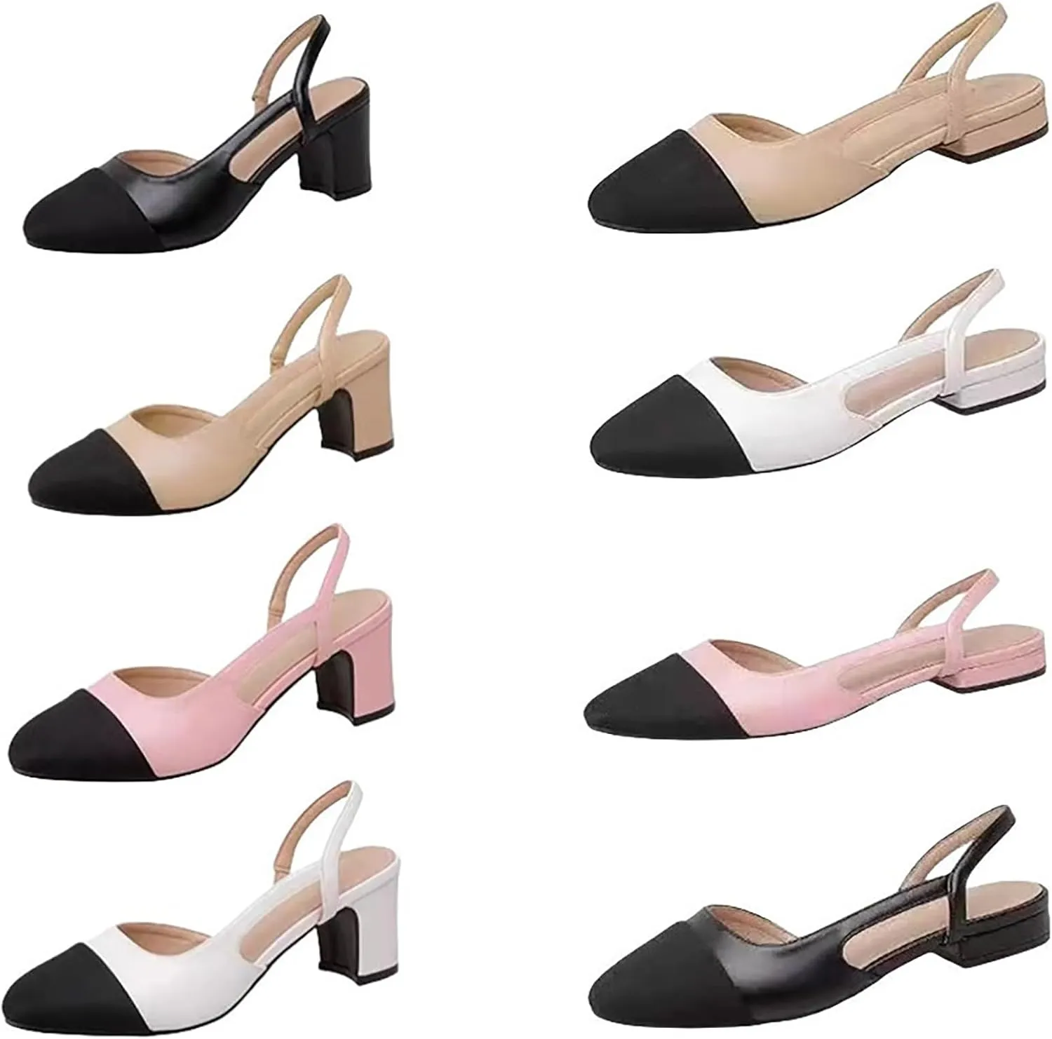 Women's Cap Toe Slingback Thick Heels Pumps,Classic Round Toe Chunky Heeled Ankle Strap Fashion Splicing Dress Shoes