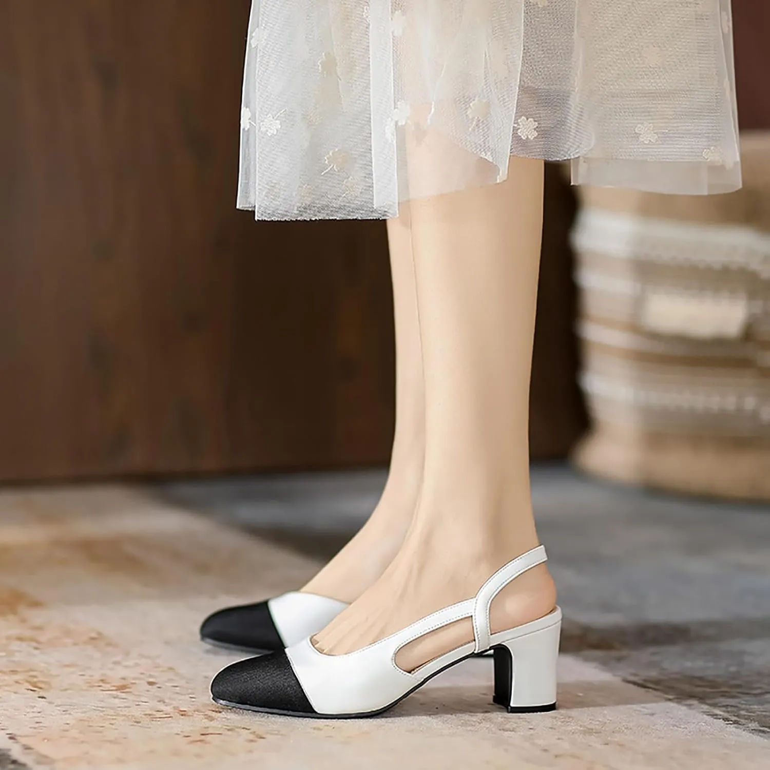 Women's Cap Toe Slingback Thick Heels Pumps,Classic Round Toe Chunky Heeled Ankle Strap Fashion Splicing Dress Shoes
