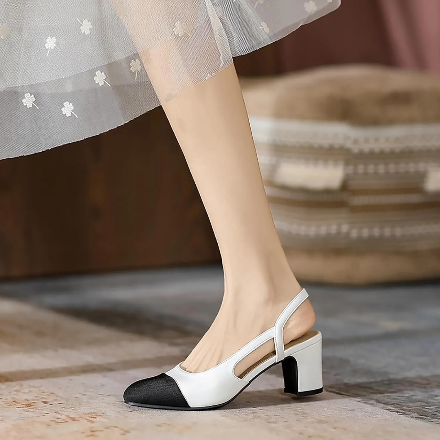 Women's Cap Toe Slingback Thick Heels Pumps,Classic Round Toe Chunky Heeled Ankle Strap Fashion Splicing Dress Shoes