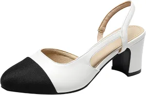 Women's Cap Toe Slingback Thick Heels Pumps,Classic Round Toe Chunky Heeled Ankle Strap Fashion Splicing Dress Shoes