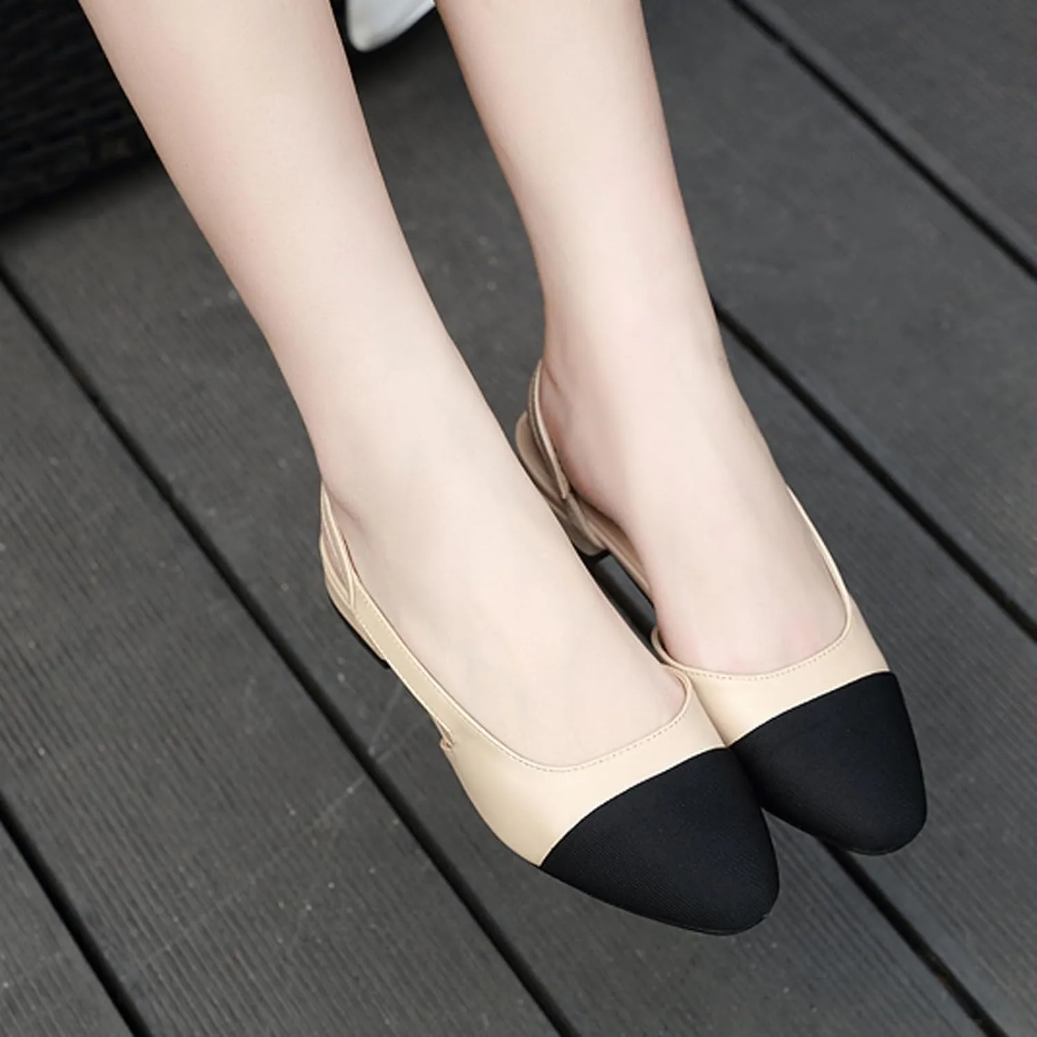 Women's Cap Toe Slingback Thick Heels Pumps,Classic Round Toe Chunky Heeled Ankle Strap Fashion Splicing Dress Shoes
