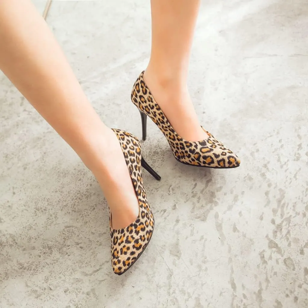 Women's Fashion Leopard Stiletto High Heel Dress Pumps Pointed Toe Slip On Party Office Pump Shoes