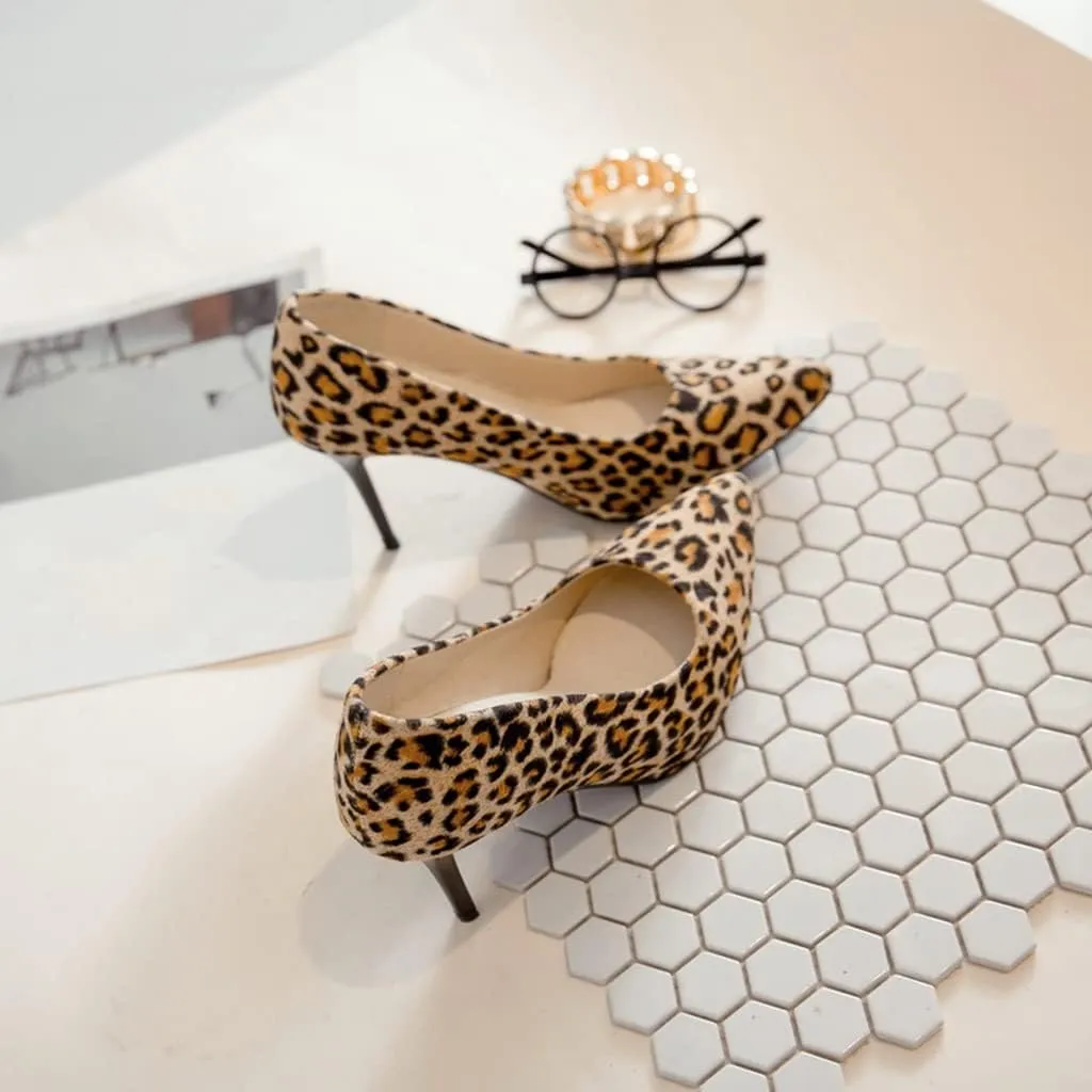Women's Fashion Leopard Stiletto High Heel Dress Pumps Pointed Toe Slip On Party Office Pump Shoes