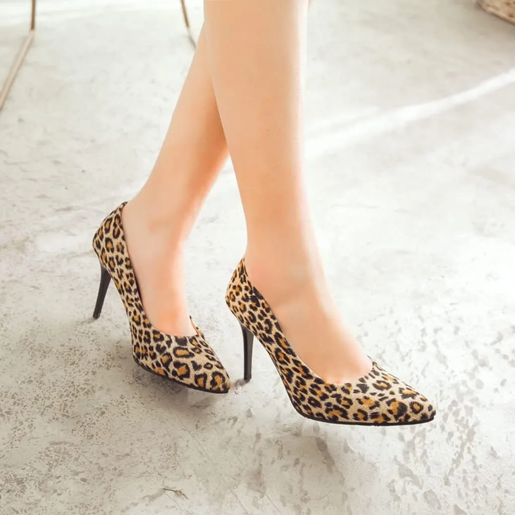 Women's Fashion Leopard Stiletto High Heel Dress Pumps Pointed Toe Slip On Party Office Pump Shoes