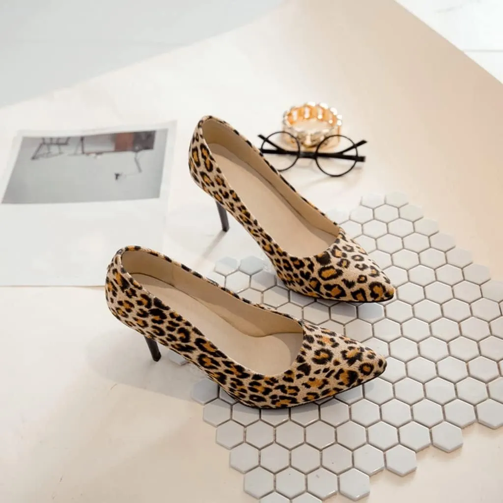 Women's Fashion Leopard Stiletto High Heel Dress Pumps Pointed Toe Slip On Party Office Pump Shoes