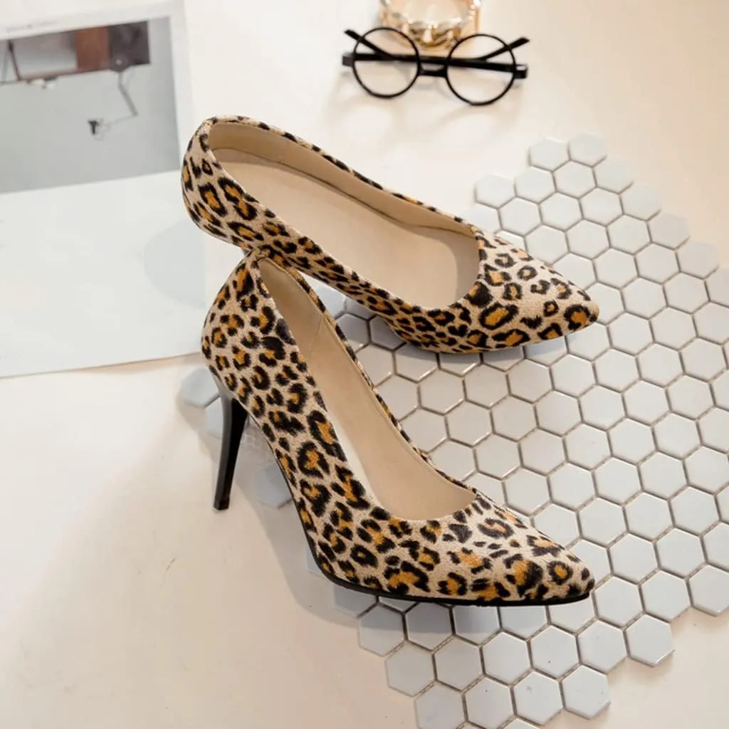 Women's Fashion Leopard Stiletto High Heel Dress Pumps Pointed Toe Slip On Party Office Pump Shoes