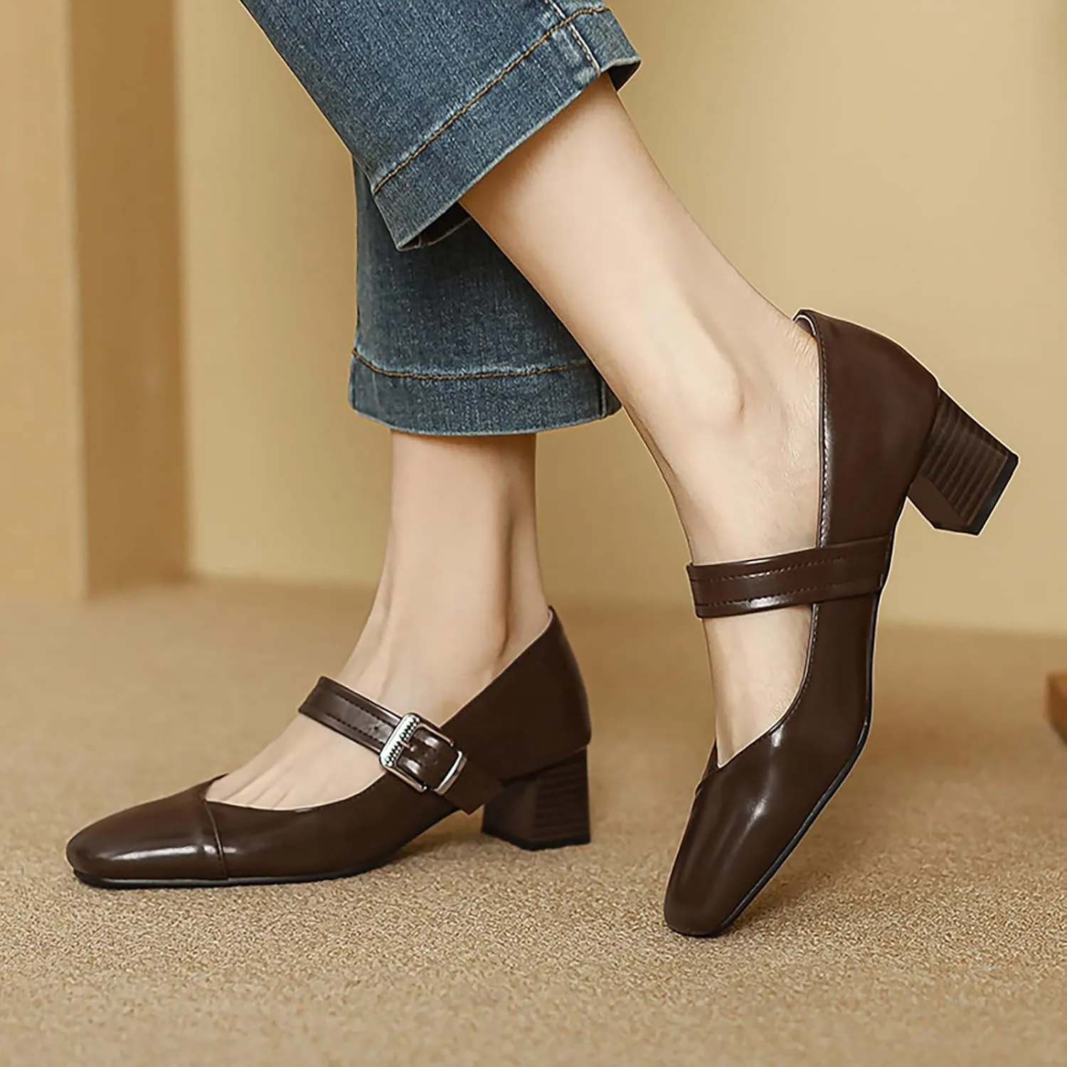 Women'S Leather Square Mid Chunky Heel Mary Janes Adjustable Buckle Classic Fashion Comfortable Block Heel Pumps Casual Daily Work Date Party Dress Shoes