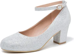 Women's Low Block Chunky Heels Ankle Strap Pumps Closed Round Toe Dress Wedding Office Work Church Shoes