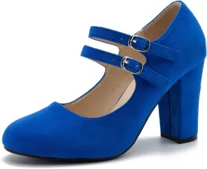Women's Mary Jane Dress Shoes Double Strap Closed Round Toe Block High Heel Pumps
