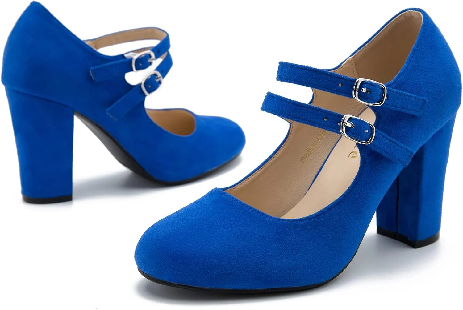 Women's Mary Jane Dress Shoes Double Strap Closed Round Toe Block High Heel Pumps