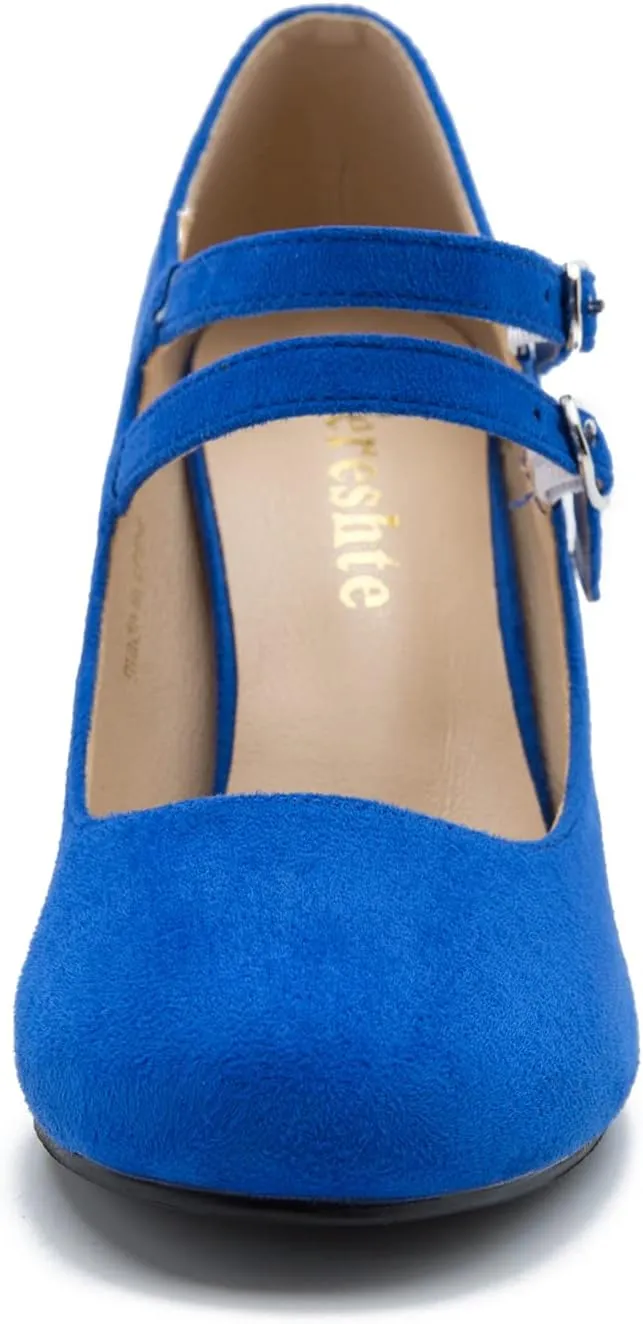 Women's Mary Jane Dress Shoes Double Strap Closed Round Toe Block High Heel Pumps