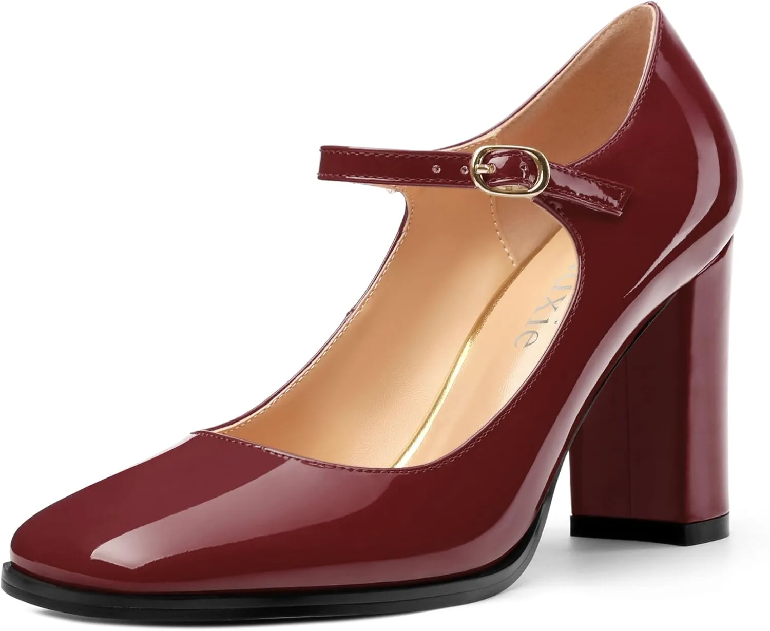 Women's Mary Jane Heels, Chunky Heels Mary Jane Square Toe Pumps One Strap Patent Leather Block High Heels Dress Shoes 3.15 Inch