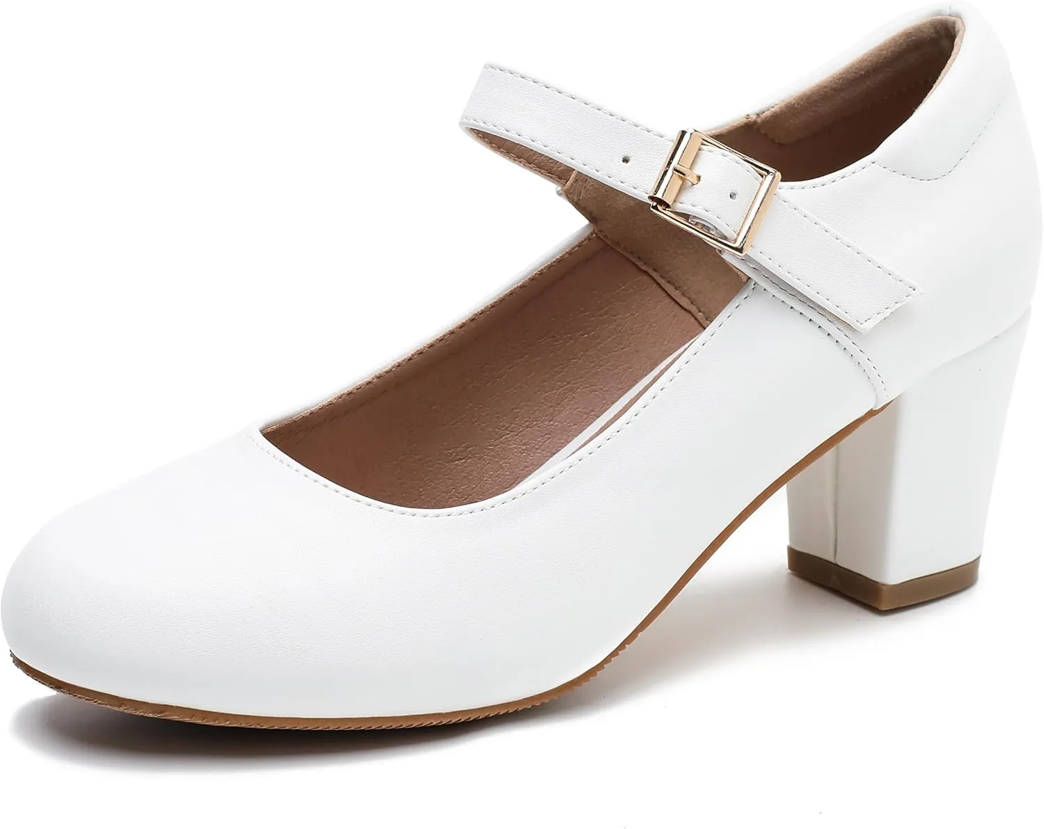 Women's Mary Jane Shoes Low Block Heel Ankle Strap Closed Round Toe Pumps Dress Wedding Office Work Church Shoes White Matte 39-8US