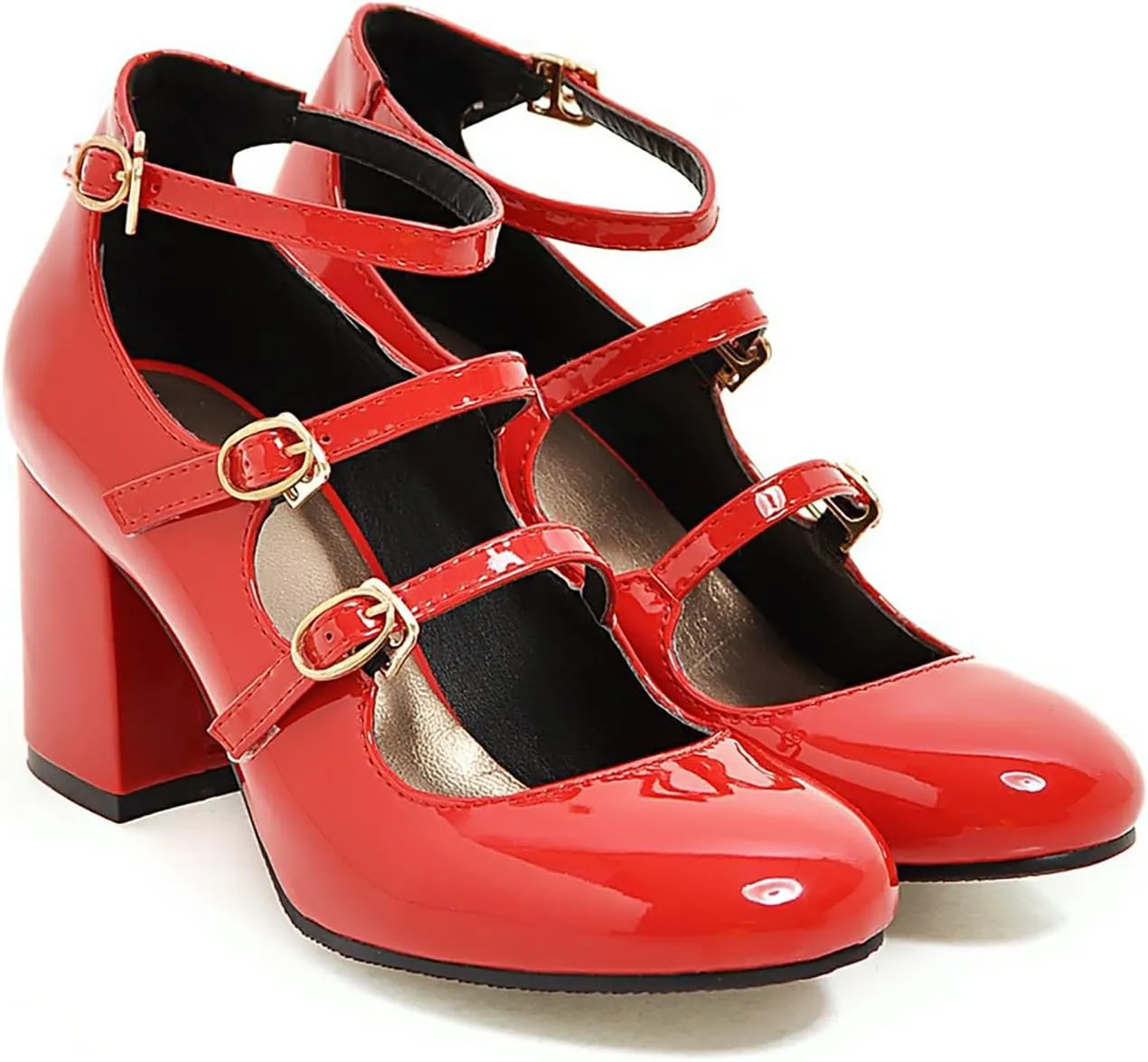 Women's Mary Janes Chunky High Heels Pumps,Vintage Patent Leather Adjustable Triple Strap Buckle Comfort Round Toe Closed Toe Sweet Office Wedding Party Dress Shoes