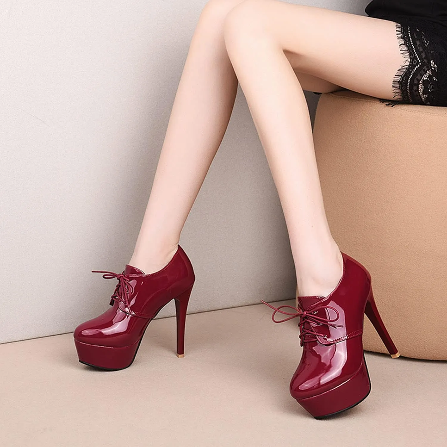 Womens Patent Leather Ankle Boots Platform Stiletto Heels Lace Up Booties Dress Wedding Fall Booties Shoes