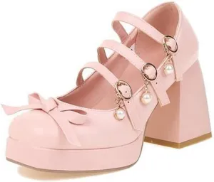 Women's Platform Chunky Heel Mary Jane Pumps Sweet Bow Buckle Strap Square Toe Uniform Dress Shoes