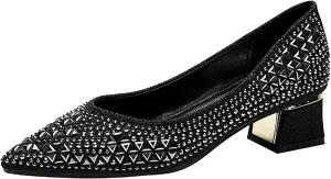 Women's Pointed Toe Block Heels Pumps,Chunky Low Heels Closed Toe Comfort Slip On Work Heels Sequins Dress Shoes Wide Feet Big Size