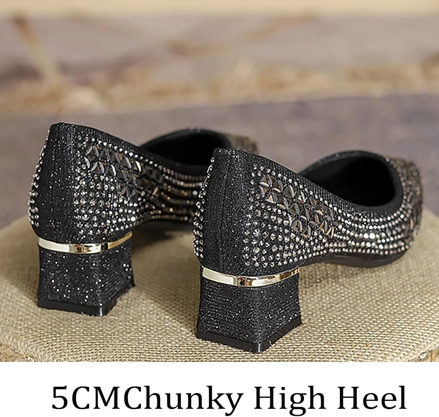 Women's Pointed Toe Block Heels Pumps,Chunky Low Heels Closed Toe Comfort Slip On Work Heels Sequins Dress Shoes Wide Feet Big Size