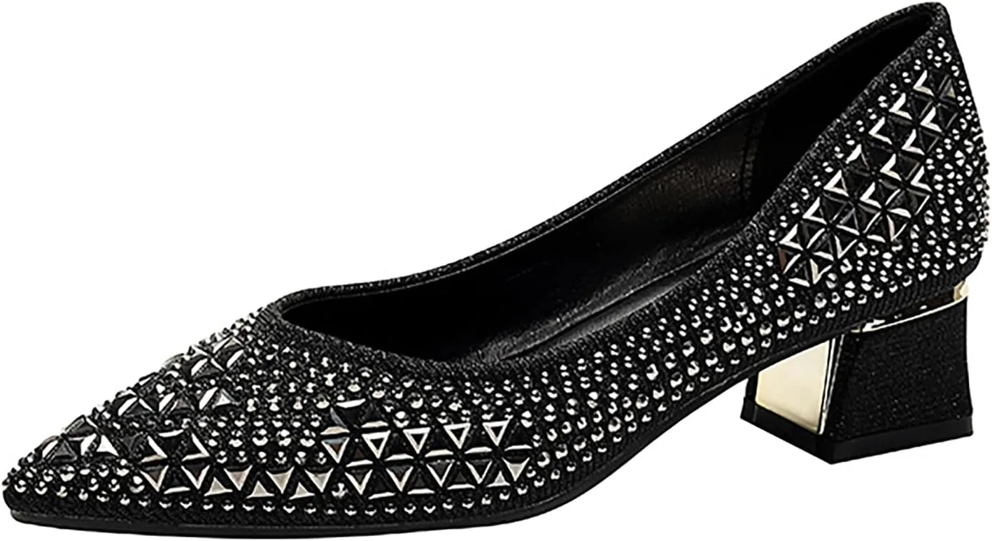 Women's Pointed Toe Block Heels Pumps,Chunky Low Heels Closed Toe Comfort Slip On Work Heels Sequins Dress Shoes Wide Feet Big Size