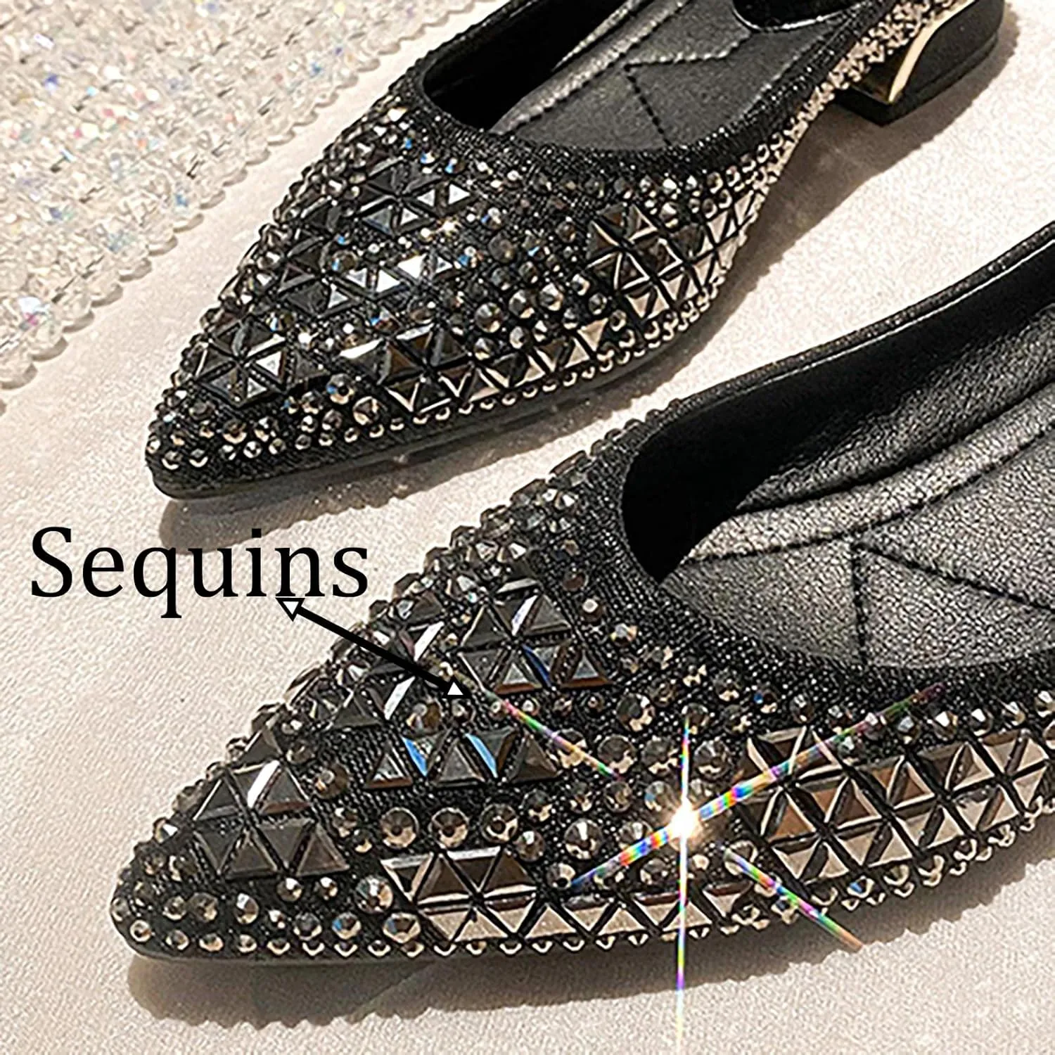 Women's Pointed Toe Block Heels Pumps,Chunky Low Heels Closed Toe Comfort Slip On Work Heels Sequins Dress Shoes Wide Feet Big Size