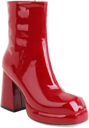 Women's Square Toe High Heel Ankle Boots Chunky Block Dress Short Shoes Patent Leather Side Zipper Party Fashion Short Boots Solid Color