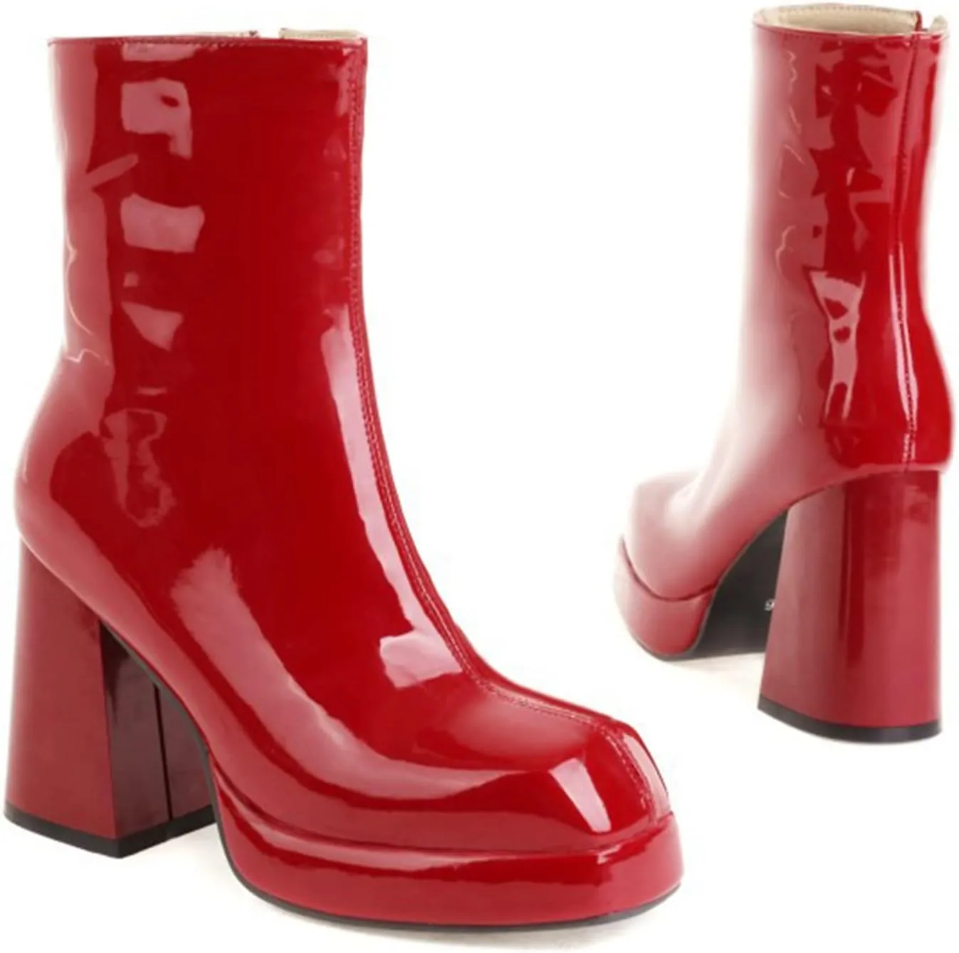 Women's Square Toe High Heel Ankle Boots Chunky Block Dress Short Shoes Patent Leather Side Zipper Party Fashion Short Boots Solid Color