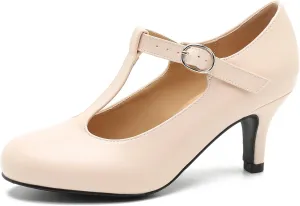 Women's T Strap Mary Jane Kitten Heel Pumps Round Toe Dress Office Work Shoes