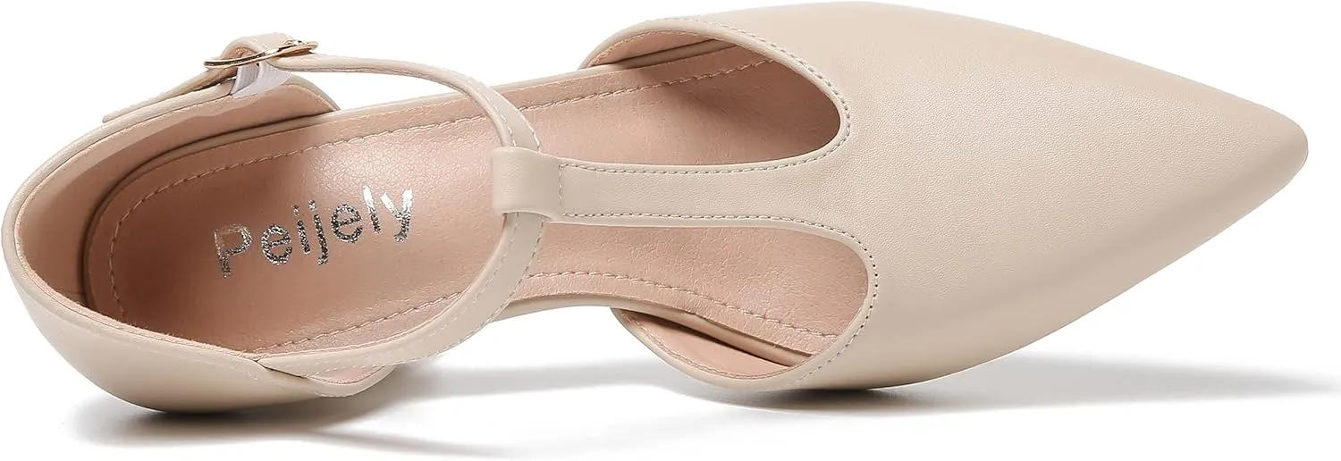 Womens T Strap Mary Jane Shoes Chunky Block Heel Pointed Toe Ankle Strap Buckle Dress Pumps