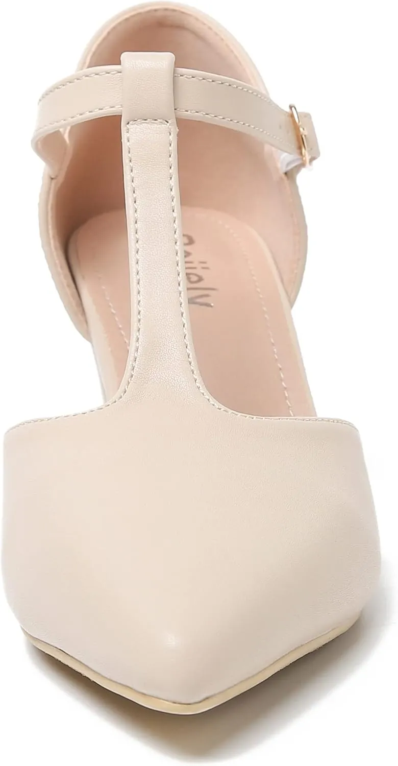 Womens T Strap Mary Jane Shoes Chunky Block Heel Pointed Toe Ankle Strap Buckle Dress Pumps