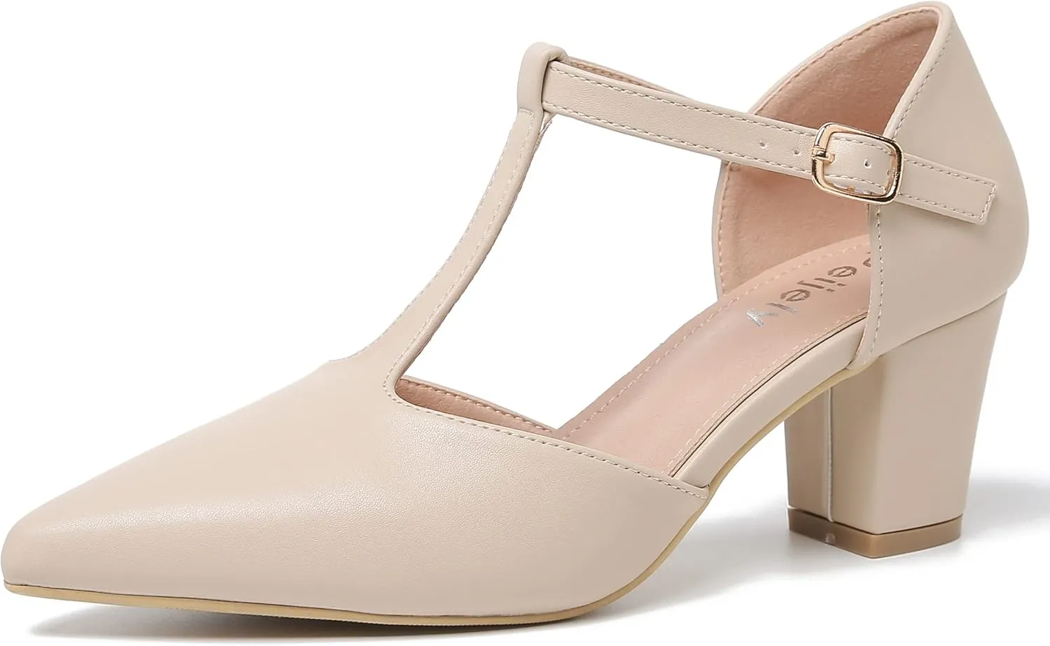 Womens T Strap Mary Jane Shoes Chunky Block Heel Pointed Toe Ankle Strap Buckle Dress Pumps