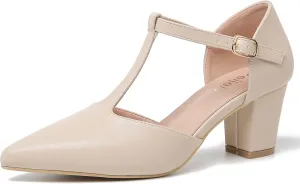 Womens T Strap Mary Jane Shoes Chunky Block Heel Pointed Toe Ankle Strap Buckle Dress Pumps