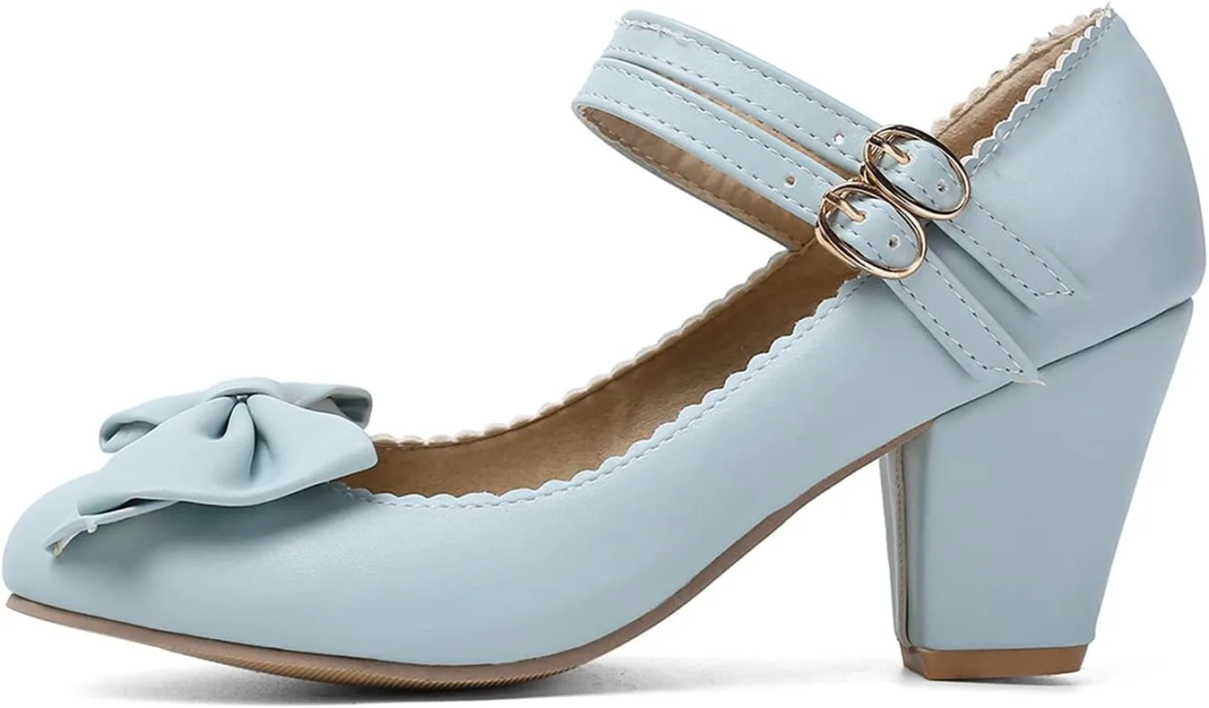 Womens Vintage Ankle Strap Mary Jane Pumps Bowknot Buckle Comfy Block Mid Heel Closed Toe Dress Shoes