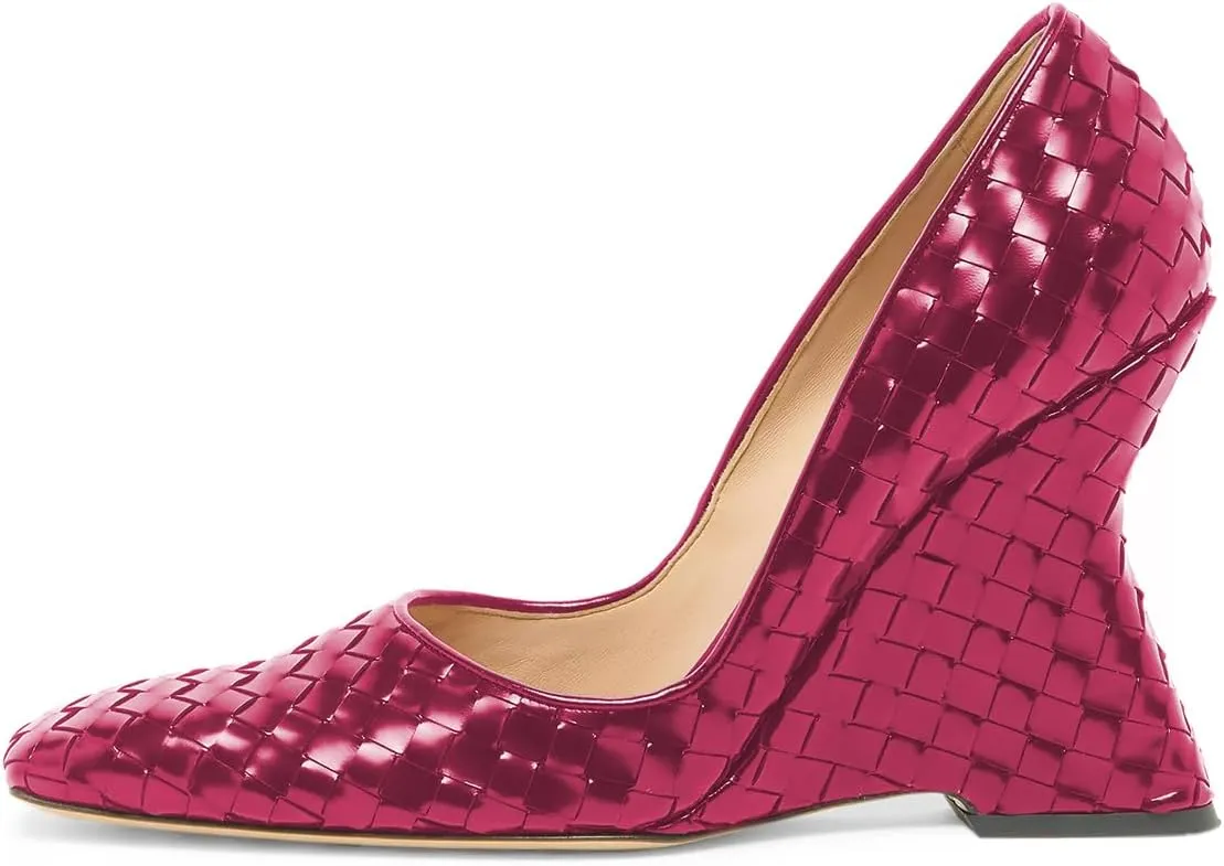 YDN Women Braid Pumps Wedge High Heels Closed Square Toe Slip On Shoes Dressy Business Prom Size 4-16 US