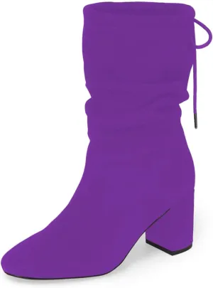 YDN Women Round Toe Mid Calf Boots Lace up Chunky High Heel Western Shoes