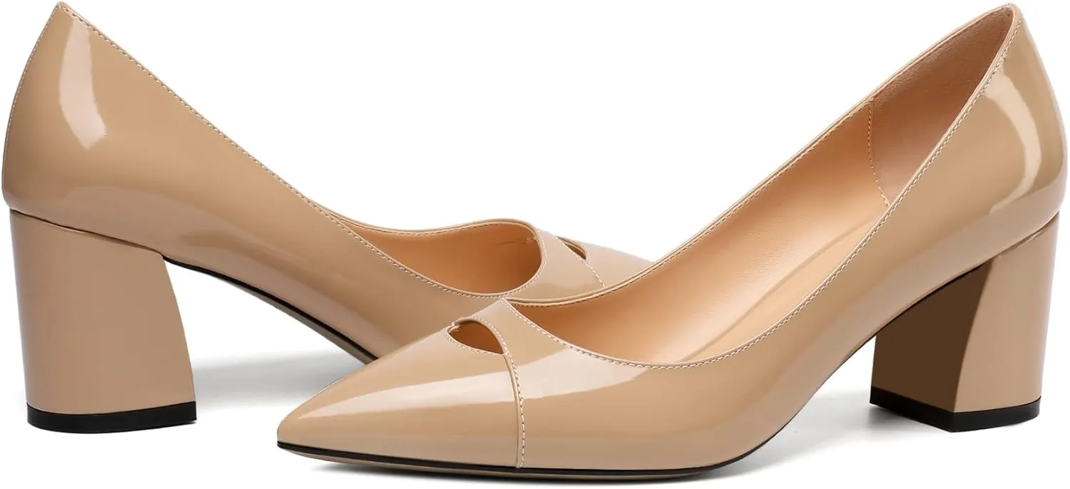 Zamikoo Women's Mid Block Heel Pumps, Pointed Toe Slip On Chunky Heels Ladies Work Office Dress Shoes 2.5 Inches